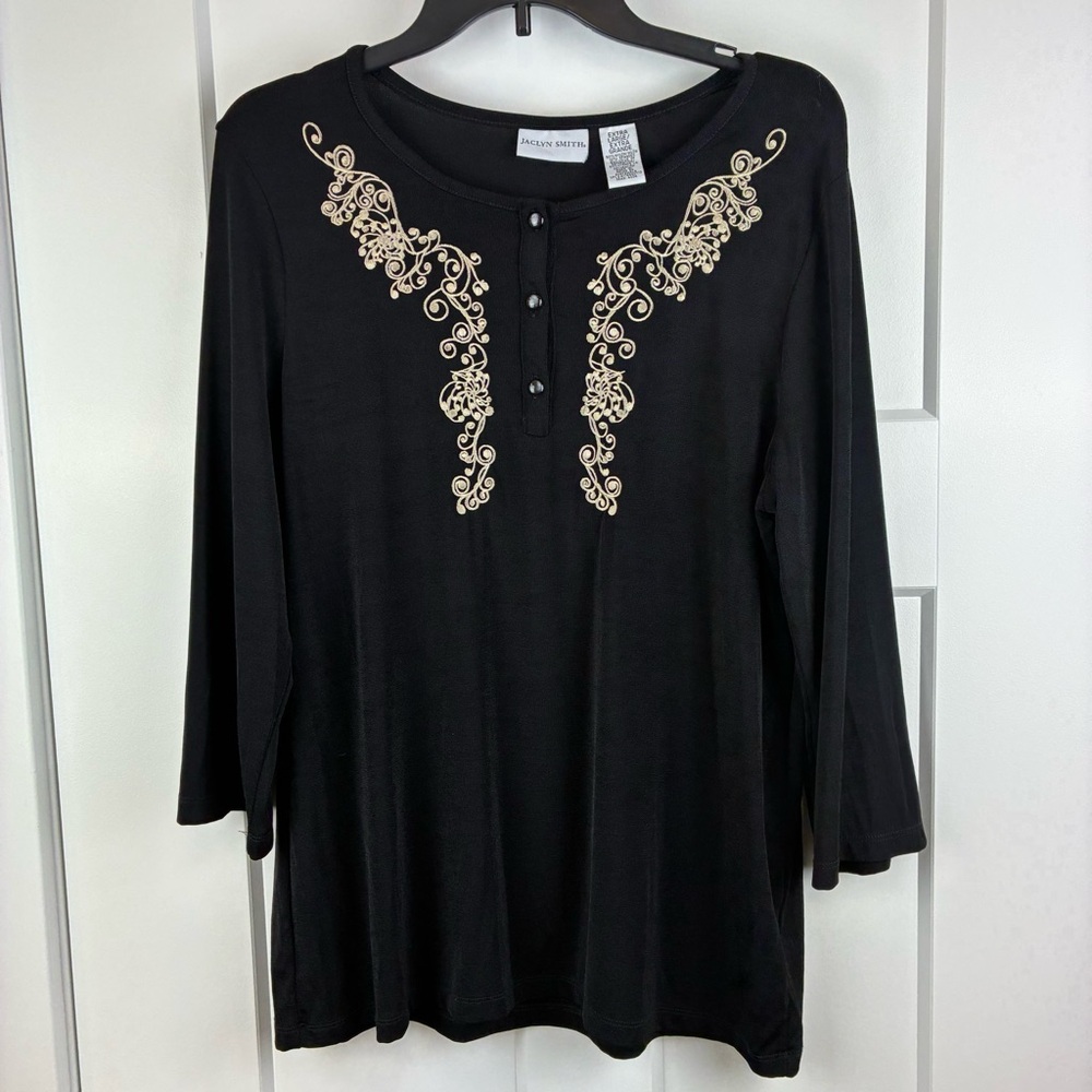 Women's Vintage Jaclyn Smith Women's Black Embroidered tunic Blouse Size XL e